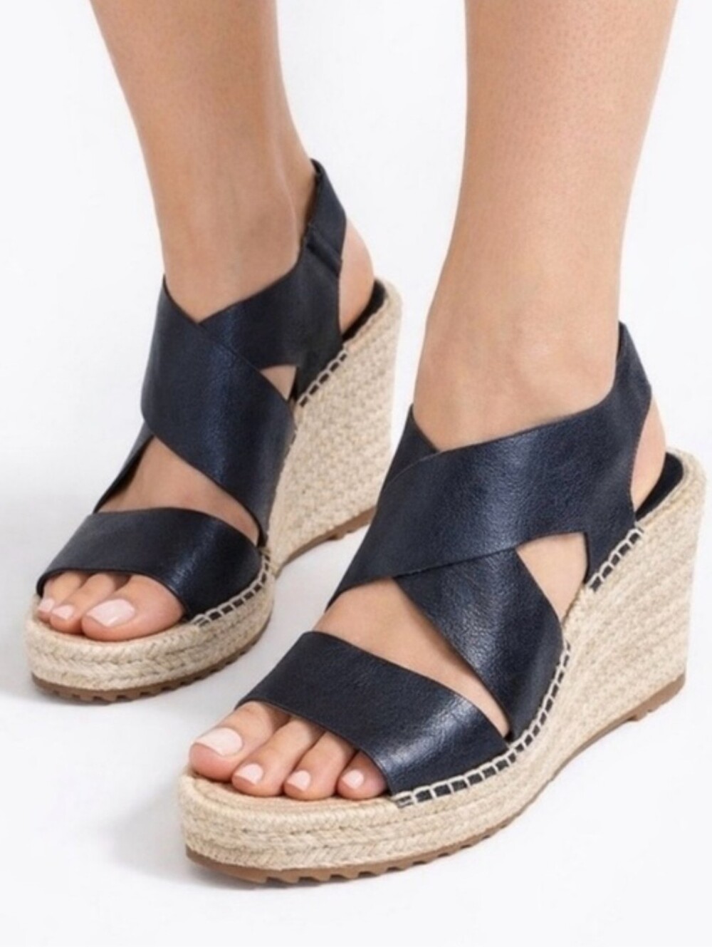 Eileen Fisher Willow Black Leather Espadrille Platform Wedge Sandals Size 7